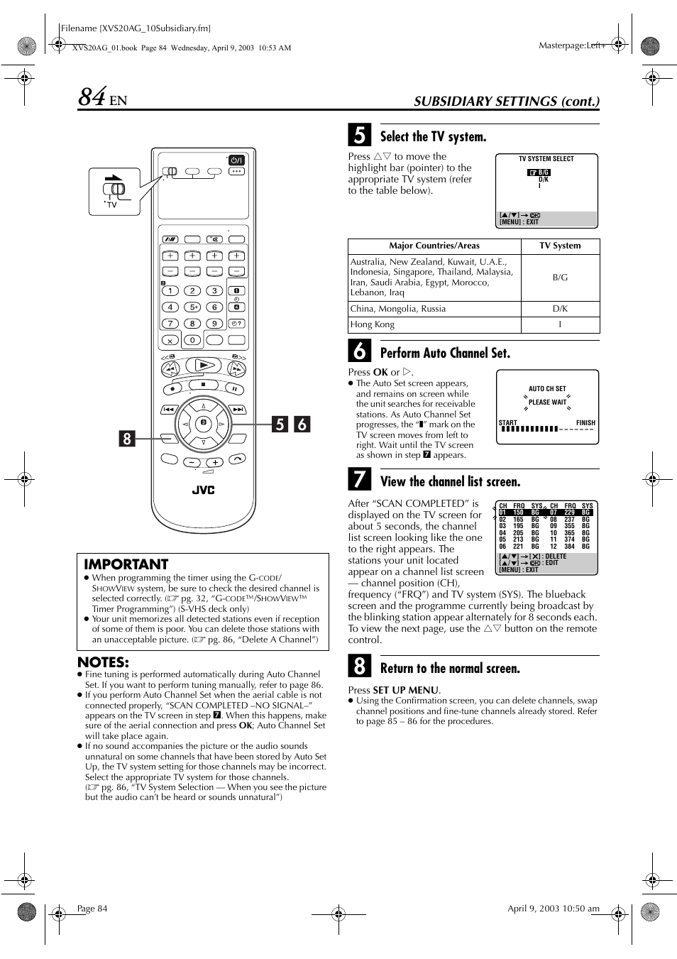 Select the tv system, Perform auto channel set, View the channel list screen | Return to the normal screen, Important | JVC LPT0762-001B User Manual | Page 84 / 100