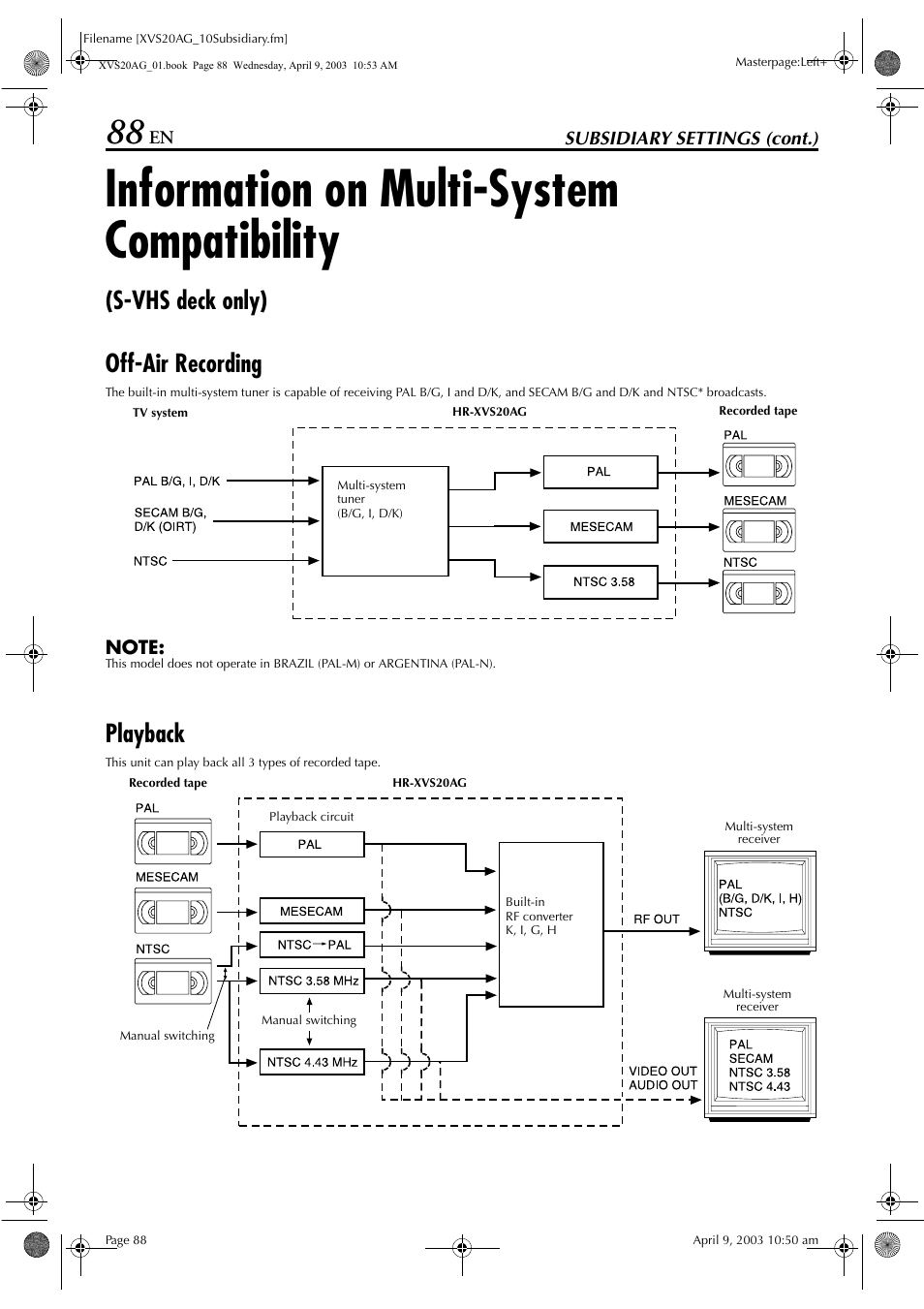 Information on multi-system compatibility, S-vhs deck only), Information | S-vhs deck only) off-air recording, Playback | JVC LPT0762-001B User Manual | Page 88 / 100