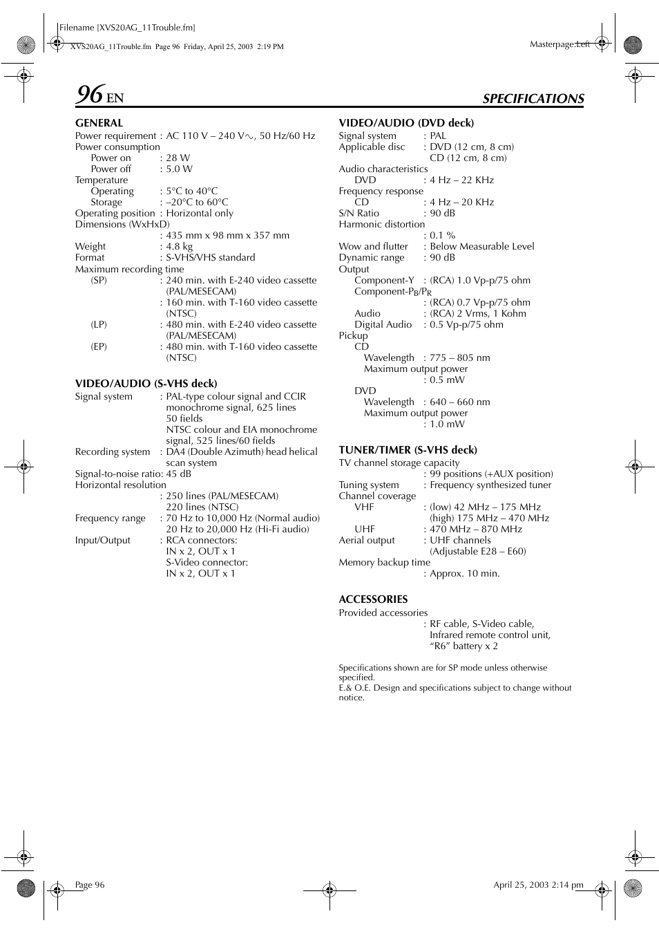 Specifications, Specifications 96, Specifications” on | JVC LPT0762-001B User Manual | Page 96 / 100