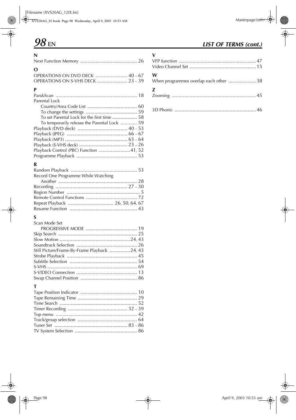 List of terms (cont.) | JVC LPT0762-001B User Manual | Page 98 / 100