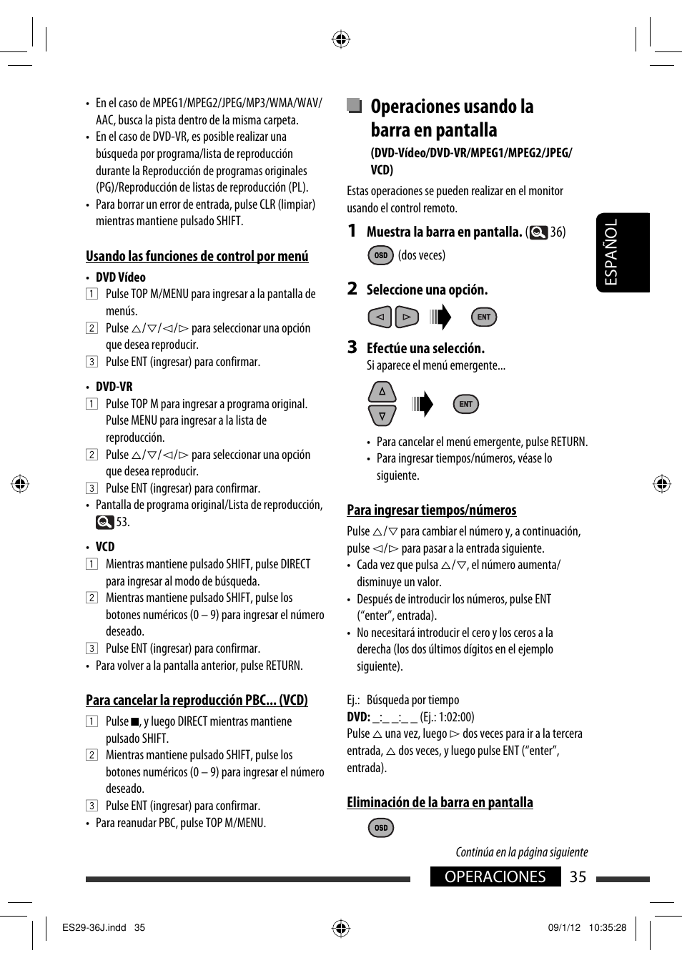 Operaciones usando la barra en pantalla, 35 operaciones español | JVC KW-AVX820 User Manual | Page 103 / 207