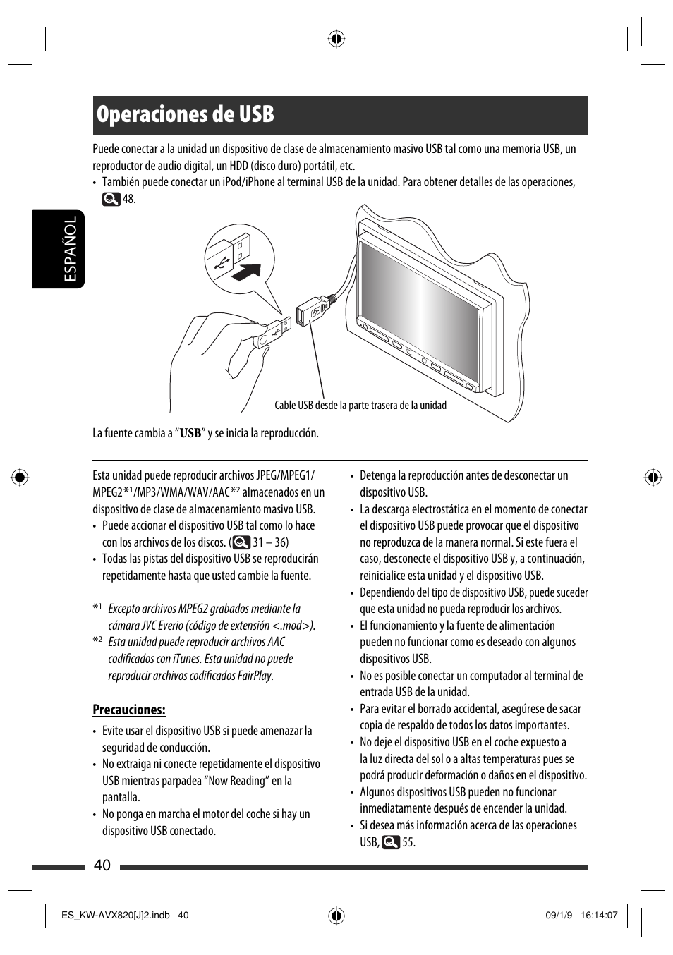 Operaciones de usb, 40 español | JVC KW-AVX820 User Manual | Page 108 / 207