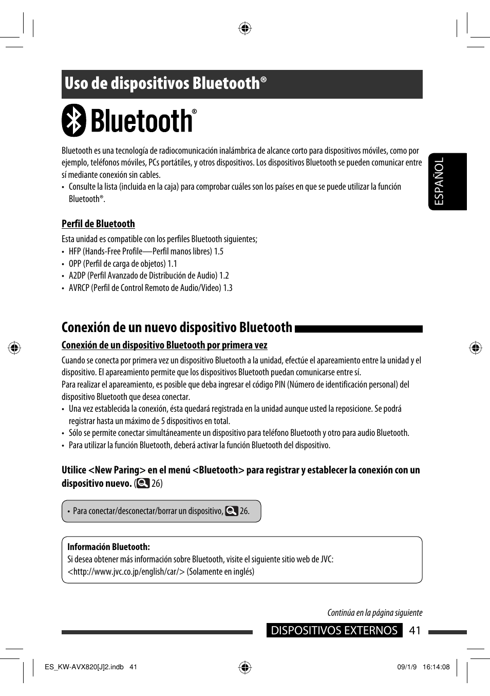 Uso de dispositivos bluetooth, Conexión de un nuevo dispositivo bluetooth | JVC KW-AVX820 User Manual | Page 109 / 207