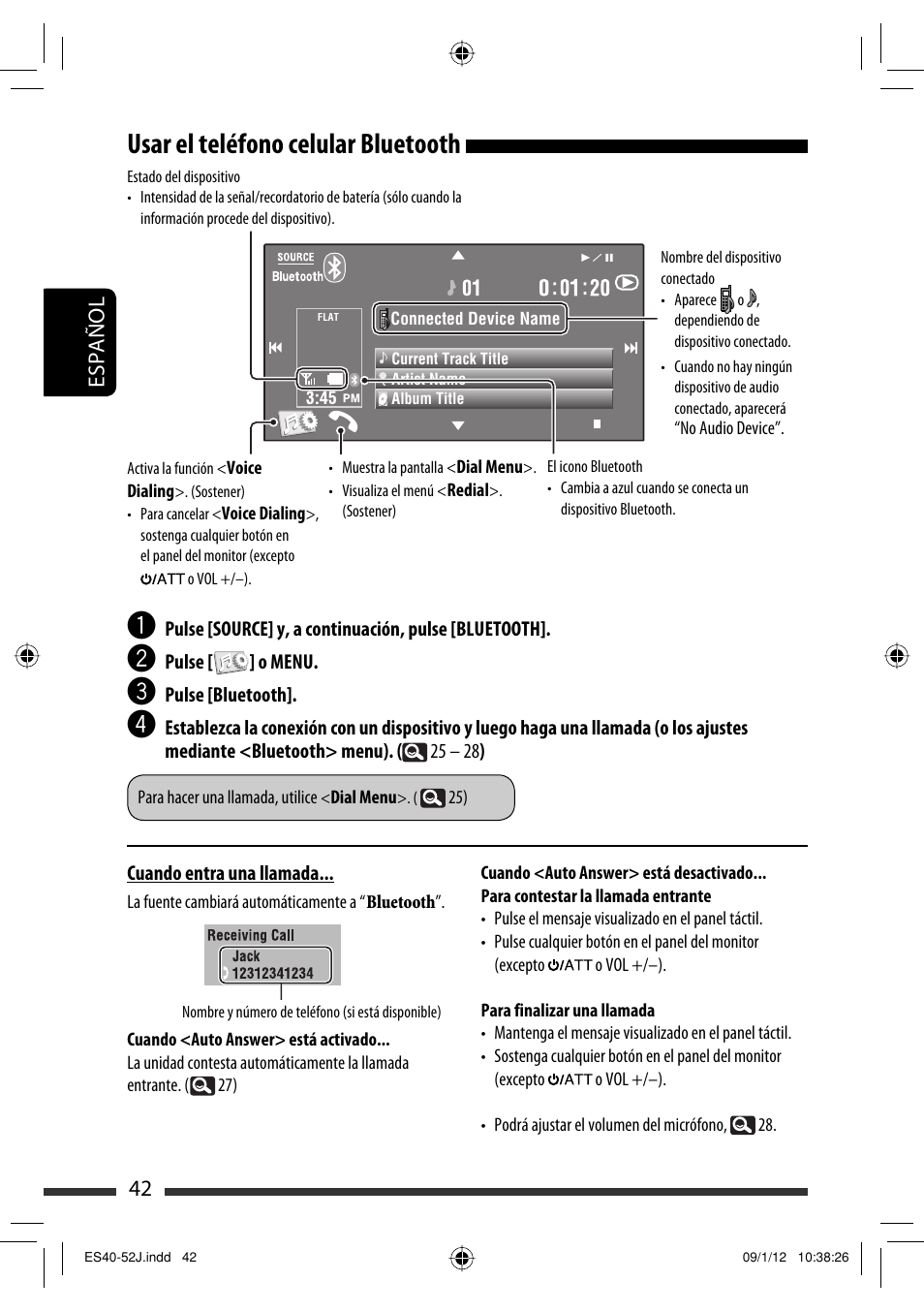 Usar el teléfono celular bluetooth, 42 español | JVC KW-AVX820 User Manual | Page 110 / 207