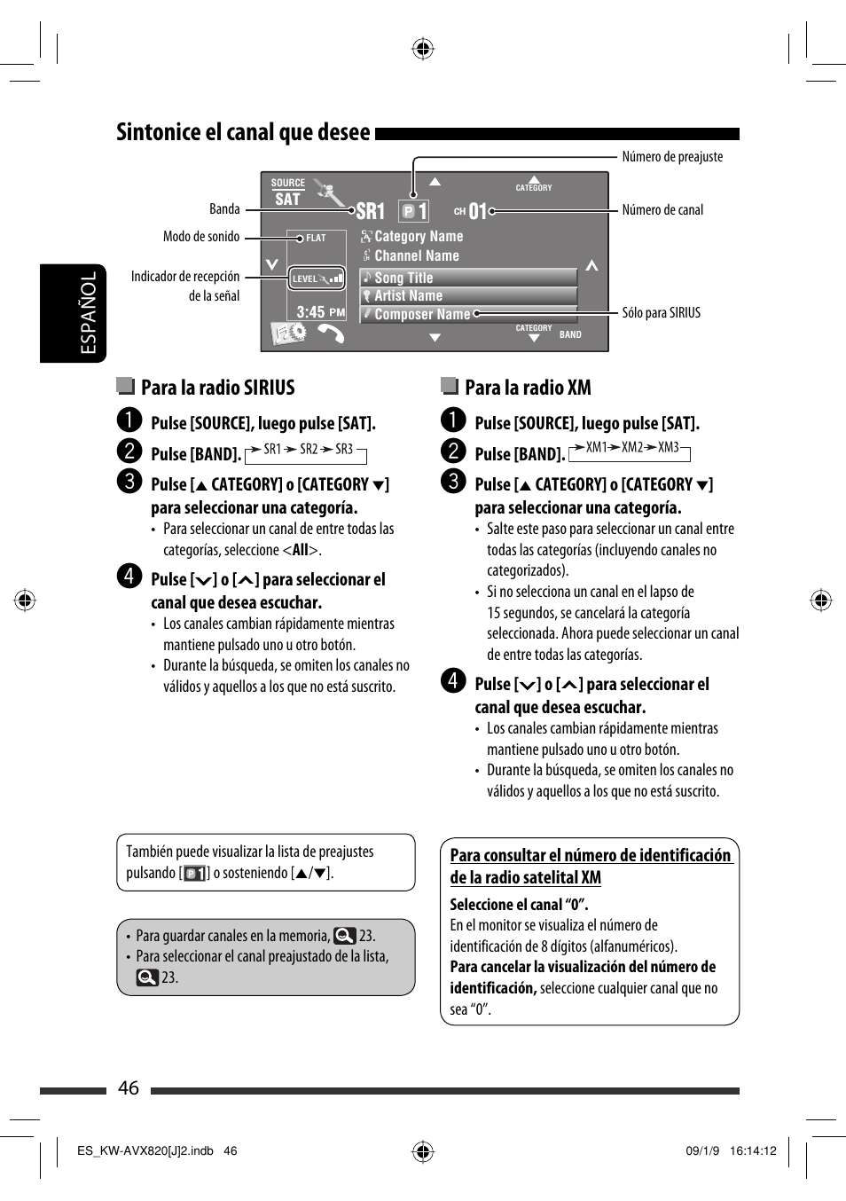 Sintonice el canal que desee, Para la radio sirius, Para la radio xm | 1sr1 01, 46 español | JVC KW-AVX820 User Manual | Page 114 / 207