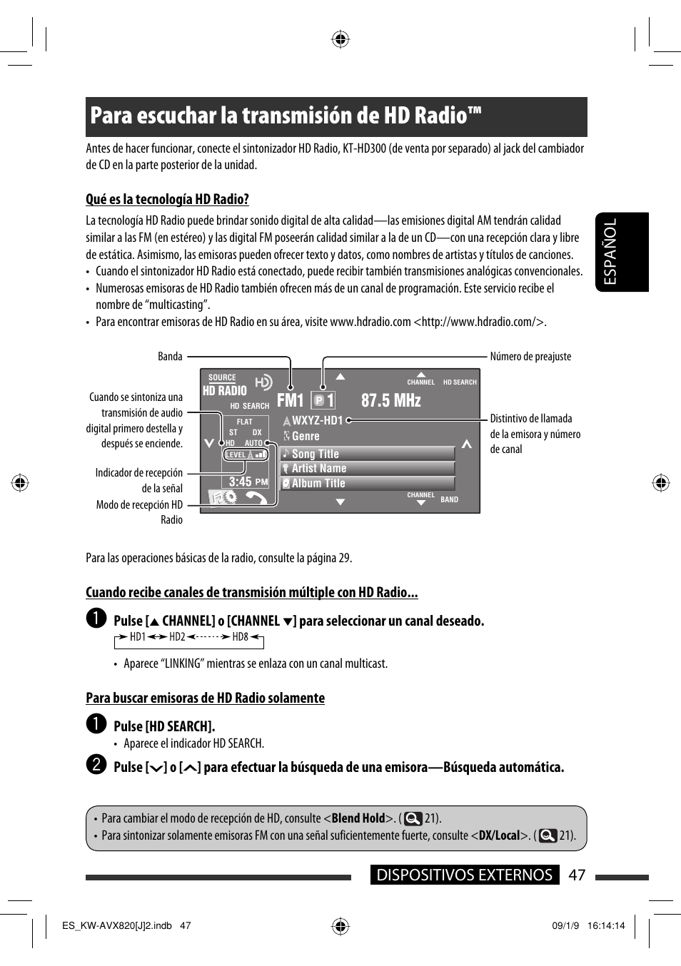 Para escuchar la transmisión de hd radio, 47 dispositivos externos español | JVC KW-AVX820 User Manual | Page 115 / 207