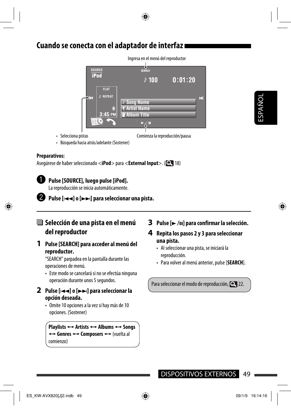 Cuando se conecta con el adaptador de interfaz, Selección de una pista en el menú del reproductor, 49 dispositivos externos español | JVC KW-AVX820 User Manual | Page 117 / 207
