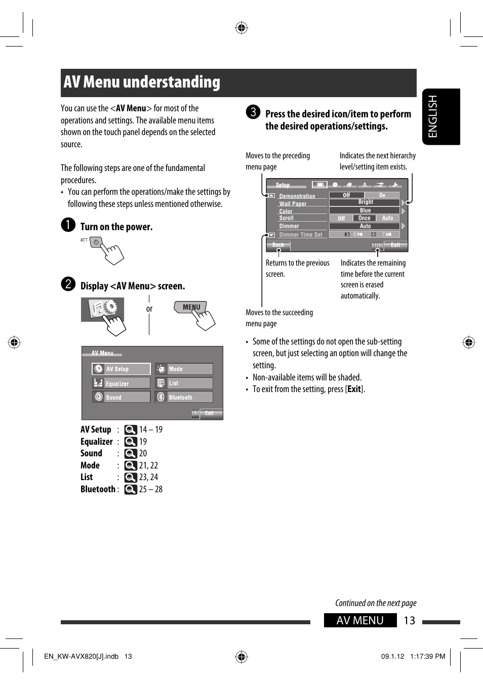 Av menu, Av menu understanding, 13 av menu english | JVC KW-AVX820 User Manual | Page 13 / 207
