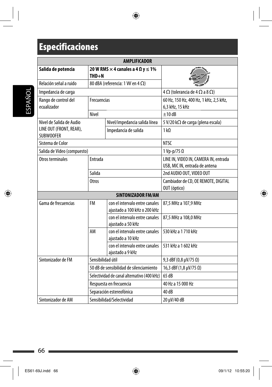 Especificaciones, 66 español | JVC KW-AVX820 User Manual | Page 134 / 207