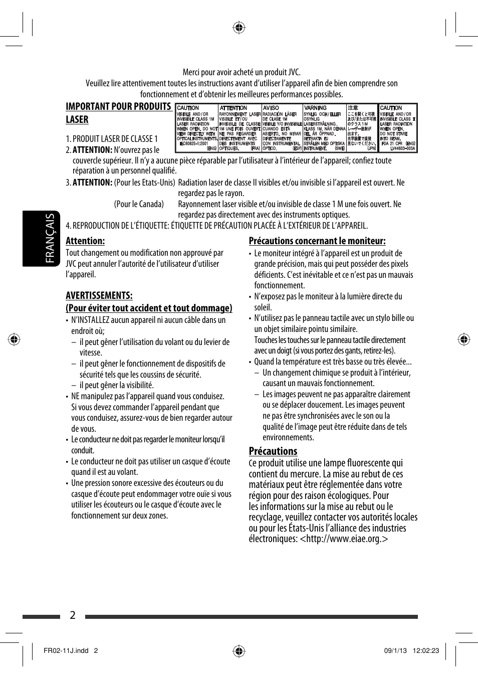 2français, Précautions | JVC KW-AVX820 User Manual | Page 138 / 207