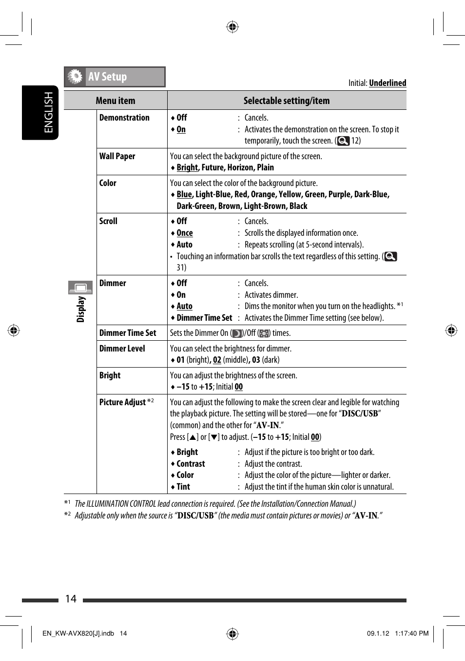 Av setup, 14 english | JVC KW-AVX820 User Manual | Page 14 / 207