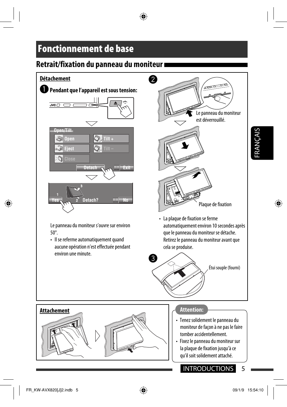 Fonctionnement de base, Retrait/fixation du panneau du moniteur, 5introductions français | JVC KW-AVX820 User Manual | Page 141 / 207