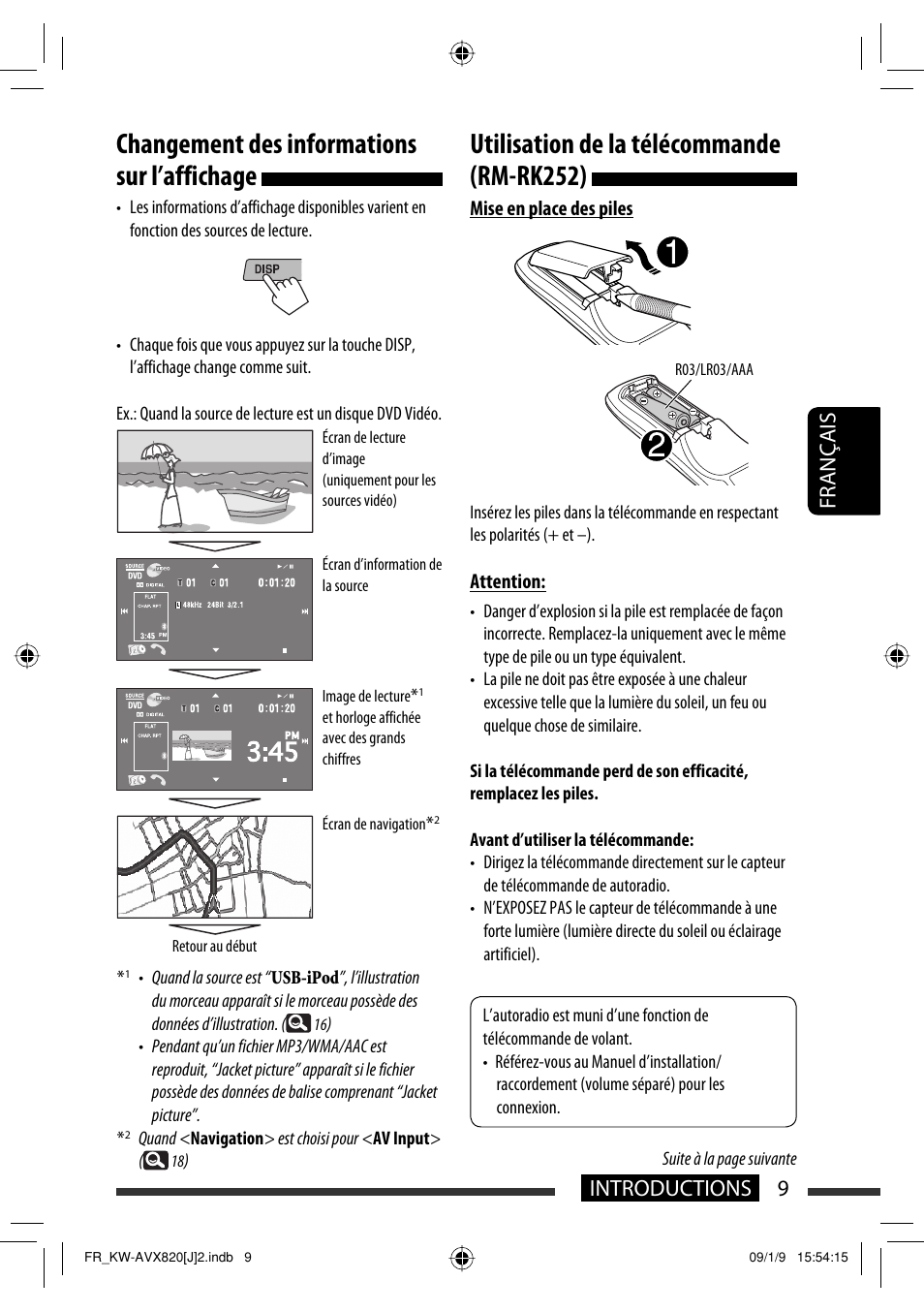 Changement des informations sur l’affichage, Utilisation de la télécommande (rm-rk252), 9introductions français | JVC KW-AVX820 User Manual | Page 145 / 207