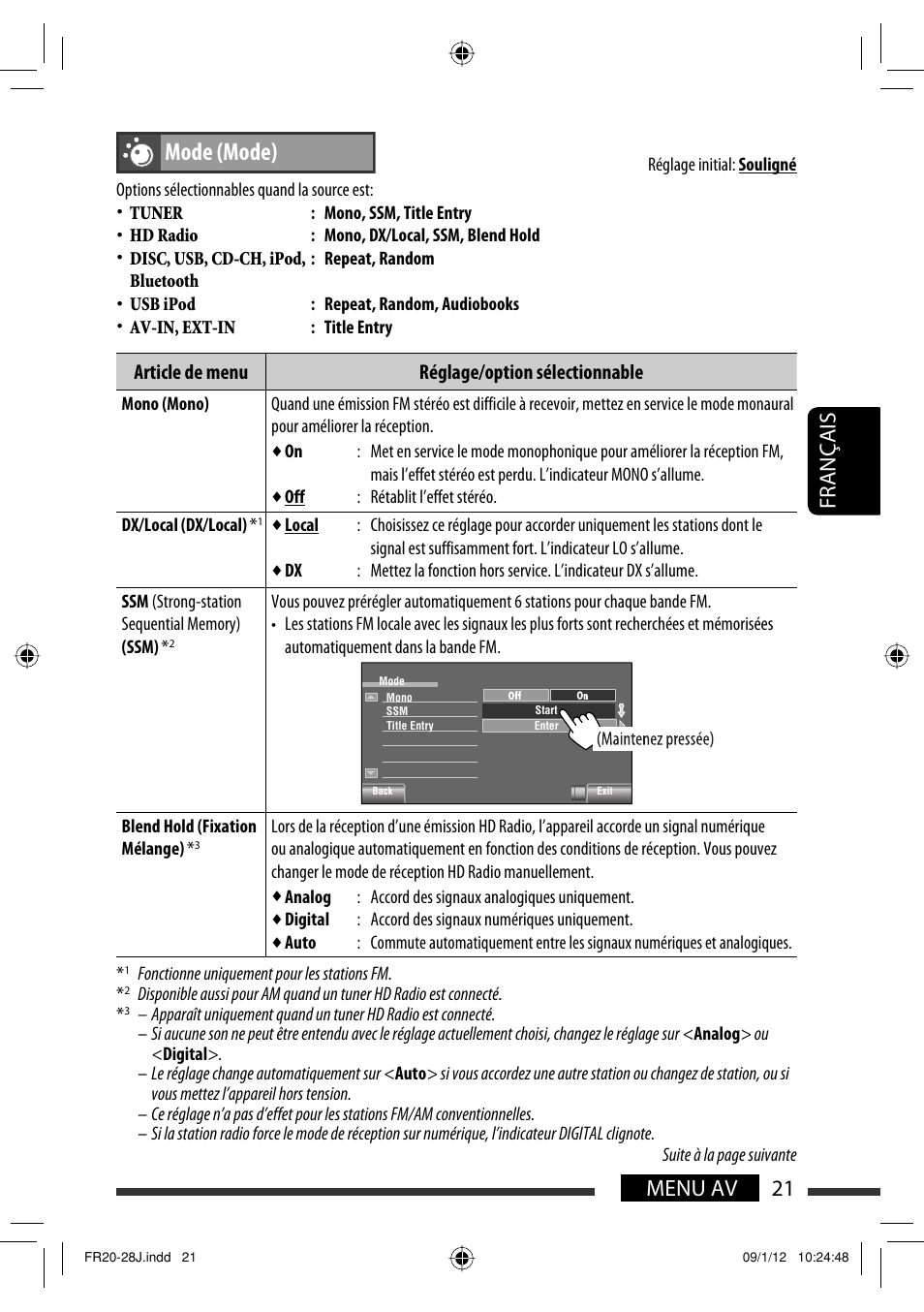 Mode (mode), 21 menu av français, Article de menu réglage/option sélectionnable | JVC KW-AVX820 User Manual | Page 157 / 207