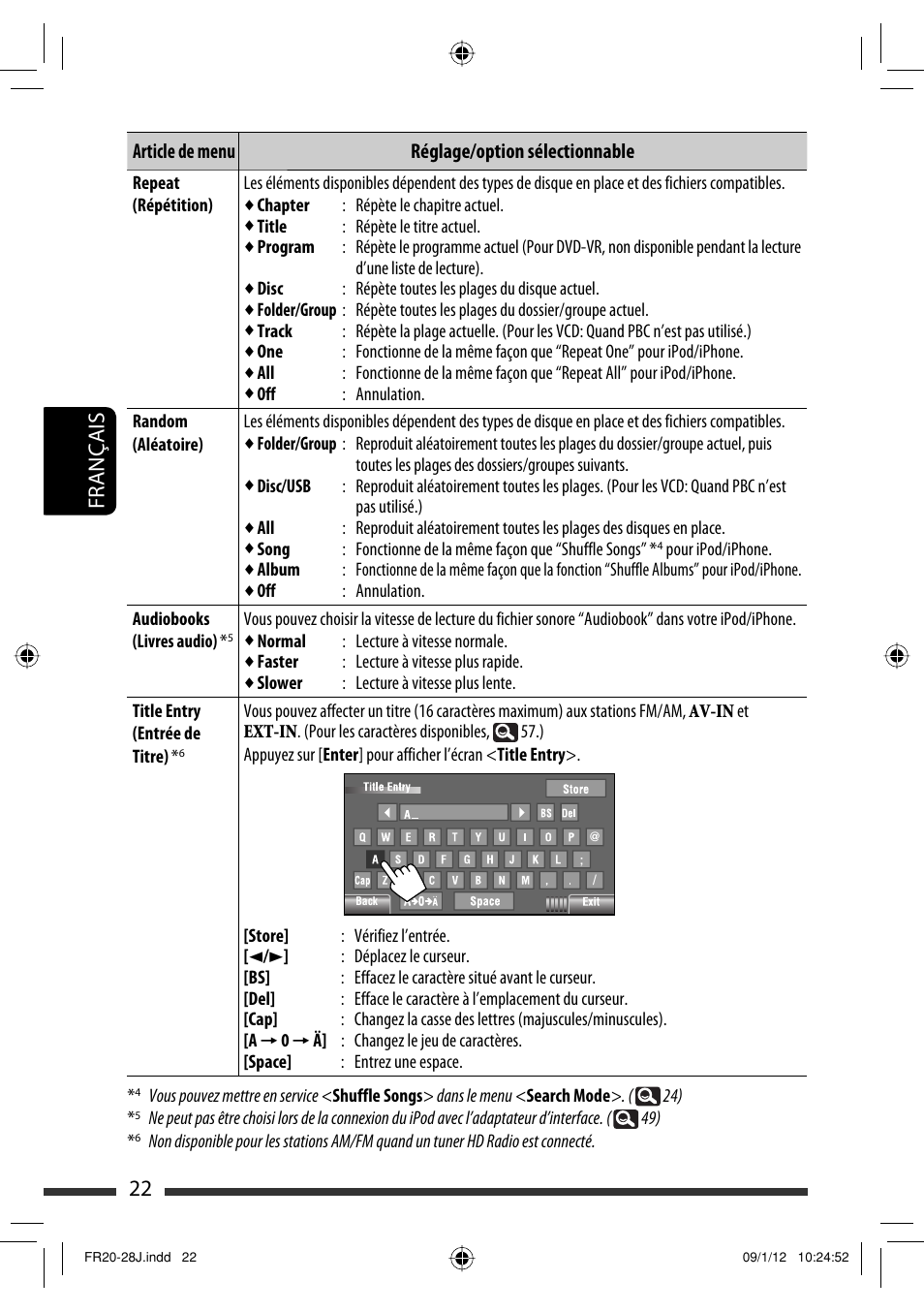 22 français, Article de menu réglage/option sélectionnable | JVC KW-AVX820 User Manual | Page 158 / 207