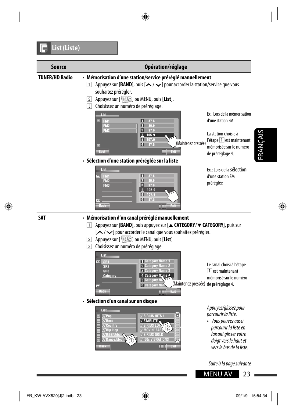 List (liste), 23 menu av français, Source opération/réglage | Appuyez sur [ ] ou menu, puis [ list, Appuyez sur [ band ], puis appuyez sur, Category, Sélection, Maintenez pressée) | JVC KW-AVX820 User Manual | Page 159 / 207
