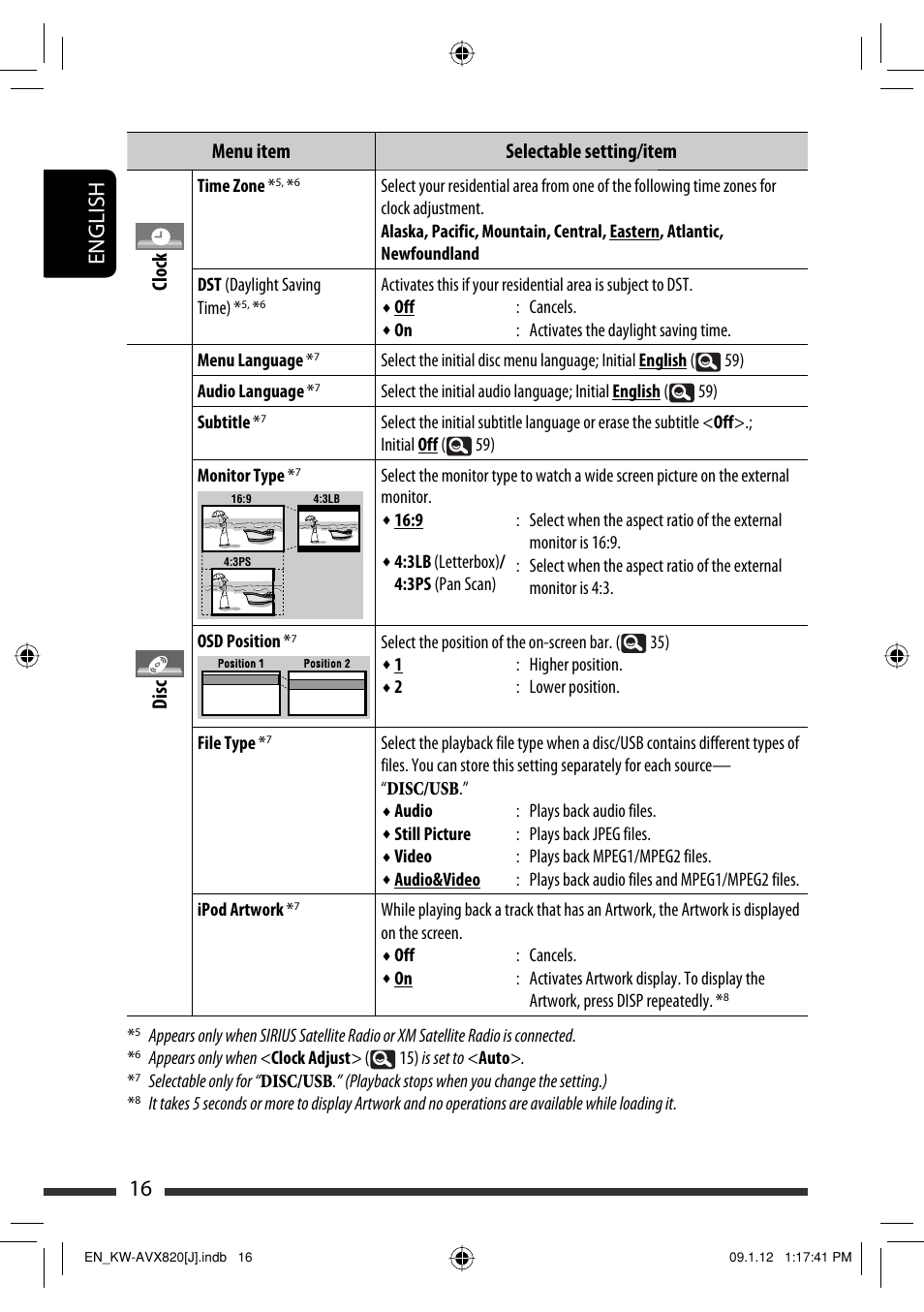 16 english, Menu item selectable setting/item clock, Disc | JVC KW-AVX820 User Manual | Page 16 / 207