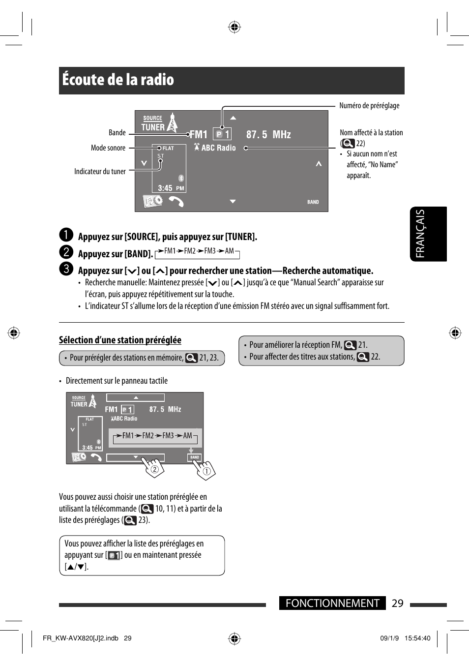 Écoute de la radio, 29 fonctionnement français | JVC KW-AVX820 User Manual | Page 165 / 207