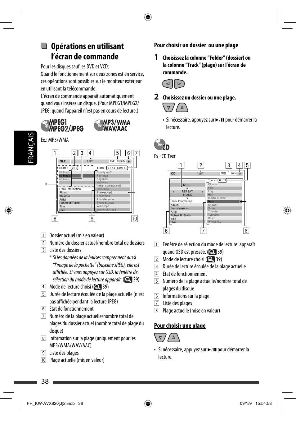 Opérations en utilisant l’écran de commande, 38 français, Pour choisir un dossier ou une plage | Pour choisir une plage | JVC KW-AVX820 User Manual | Page 174 / 207