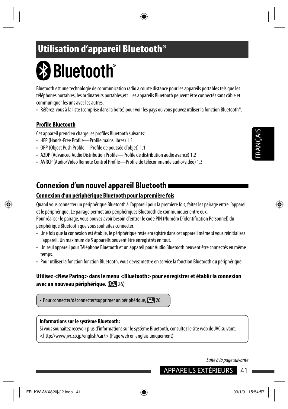 Utilisation d’appareil bluetooth, Connexion d’un nouvel appareil bluetooth | JVC KW-AVX820 User Manual | Page 177 / 207