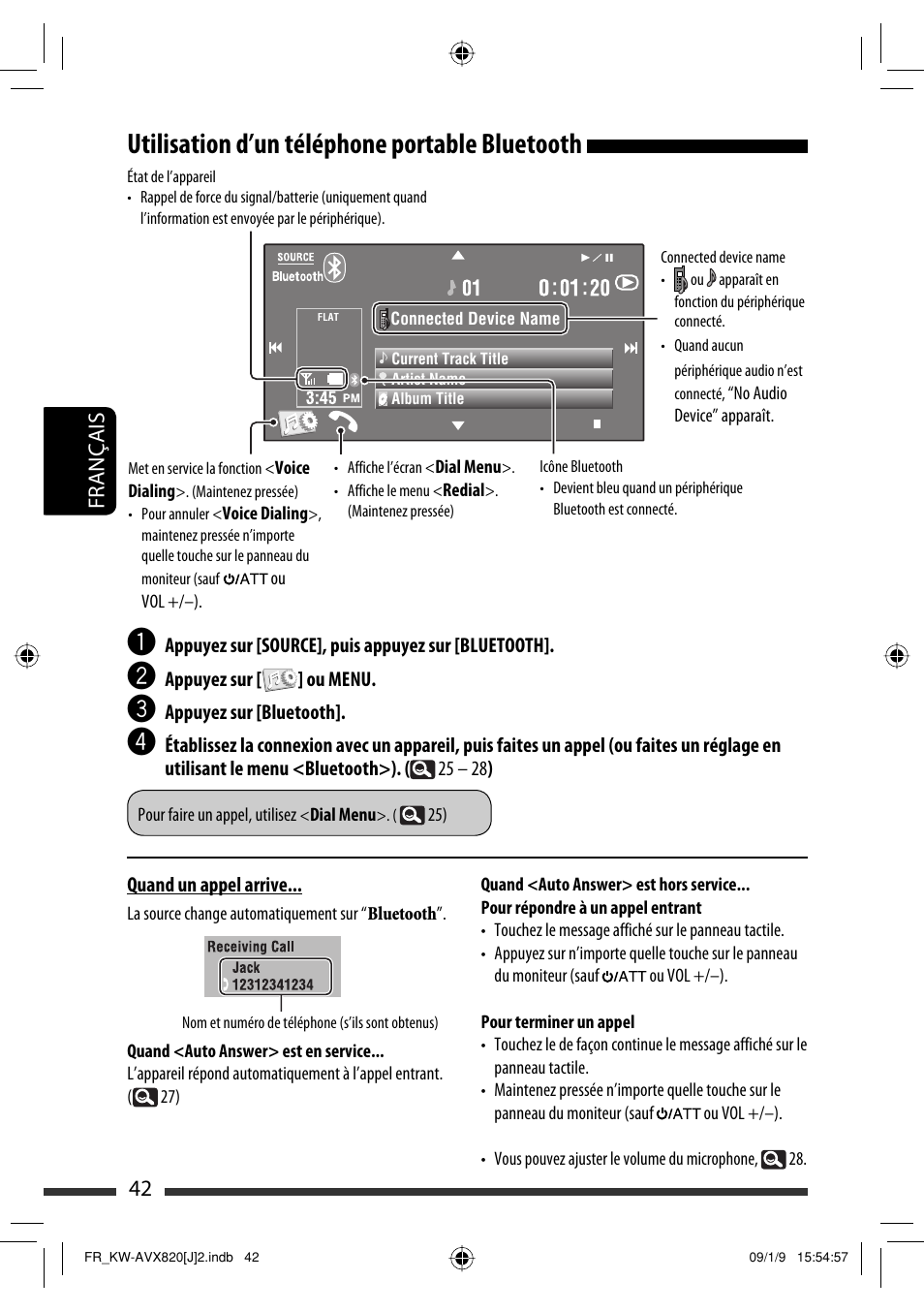 Utilisation d’un téléphone portable bluetooth, 42 français | JVC KW-AVX820 User Manual | Page 178 / 207