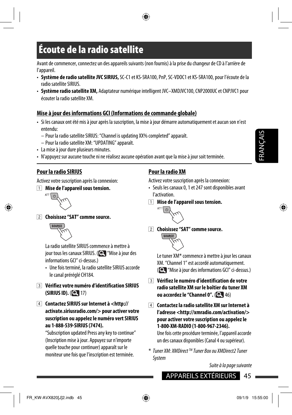 Écoute de la radio satellite, 45 appareils extérieurs français | JVC KW-AVX820 User Manual | Page 181 / 207