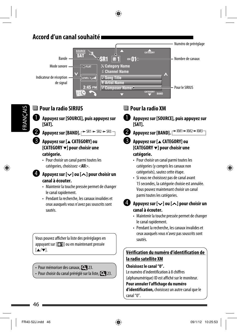 Accord d’un canal souhaité, Pour la radio sirius, Pour la radio xm | 1sr1 01, 46 français | JVC KW-AVX820 User Manual | Page 182 / 207