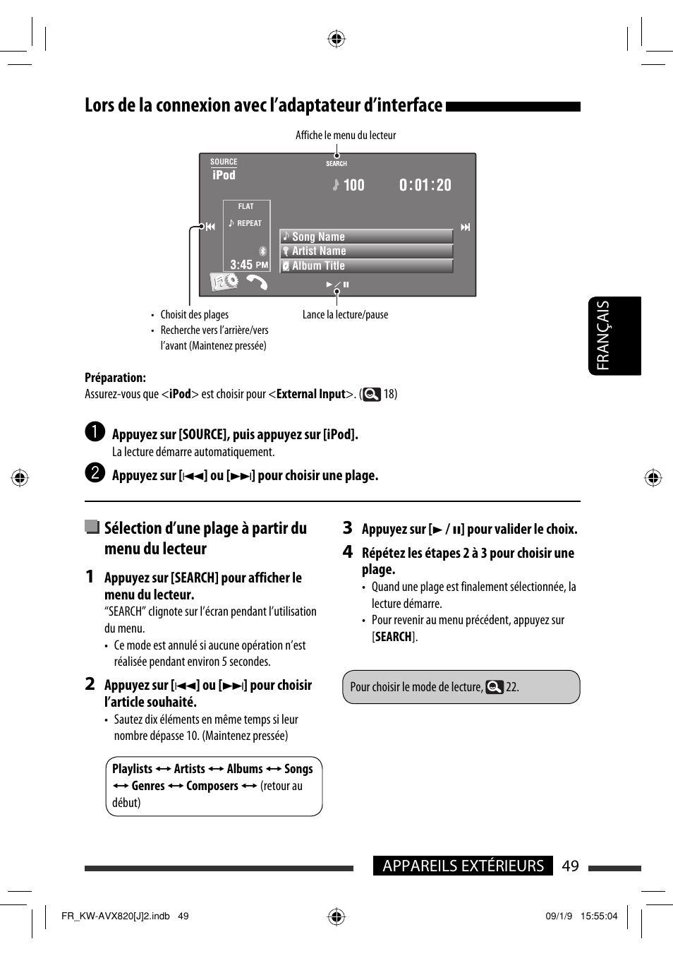 Lors de la connexion avec l’adaptateur d’interface, Sélection d’une plage à partir du menu du lecteur, 49 appareils extérieurs français | JVC KW-AVX820 User Manual | Page 185 / 207