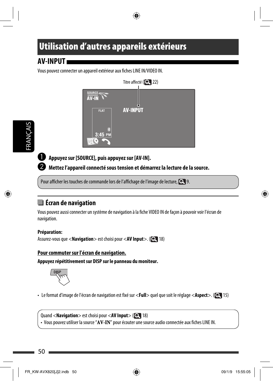 Utilisation d’autres appareils extérieurs, Av-input, Écran de navigation | JVC KW-AVX820 User Manual | Page 186 / 207