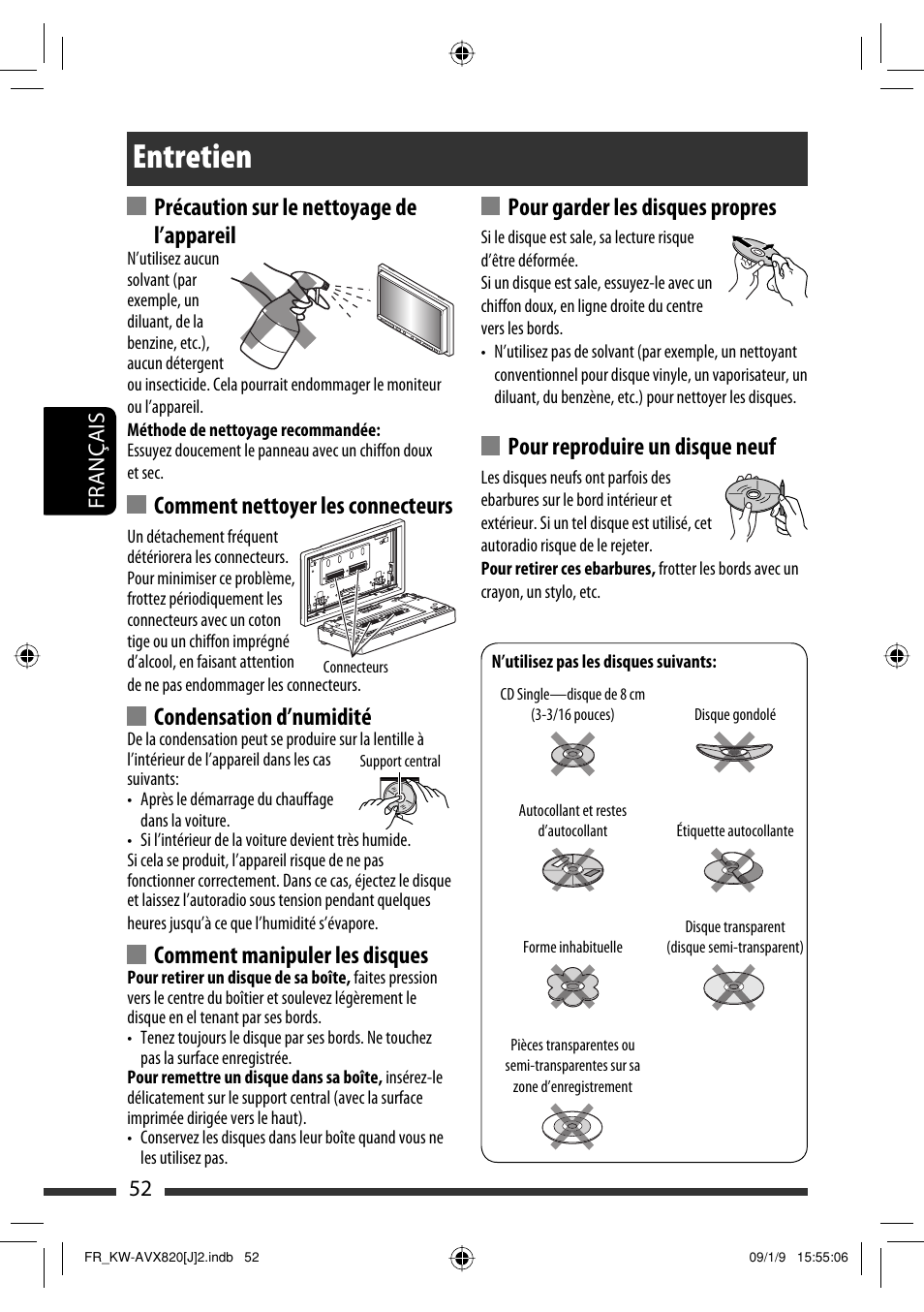 Entretien, Précaution sur le nettoyage de l’appareil, Comment nettoyer les connecteurs | Condensation d’numidité, Comment manipuler les disques, Pour garder les disques propres, Pour reproduire un disque neuf, 52 français | JVC KW-AVX820 User Manual | Page 188 / 207