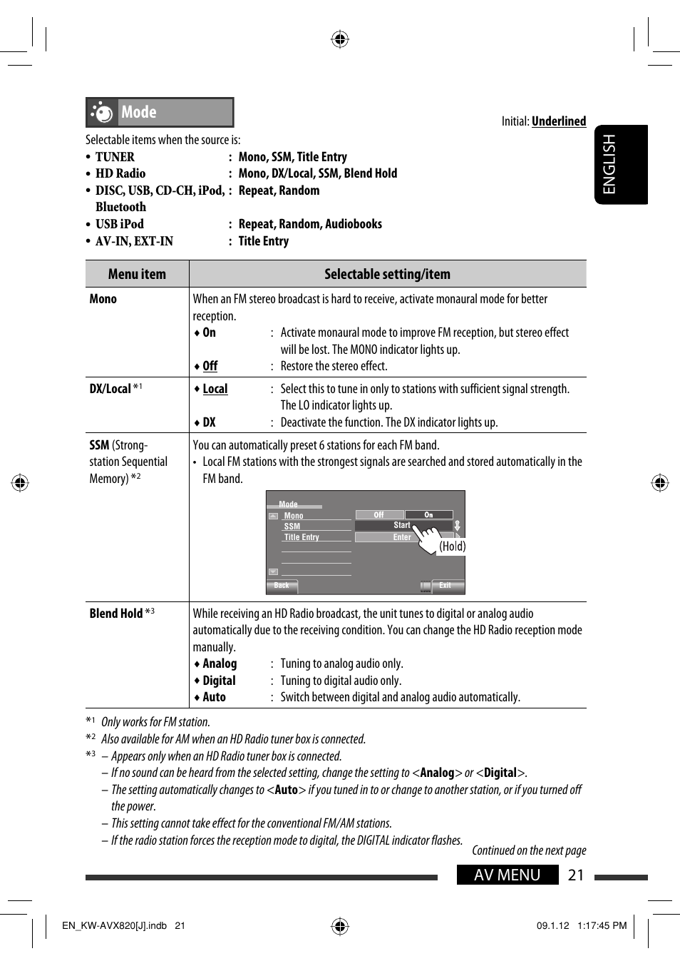 Mode, 21 av menu english, Menu item selectable setting/item | JVC KW-AVX820 User Manual | Page 21 / 207