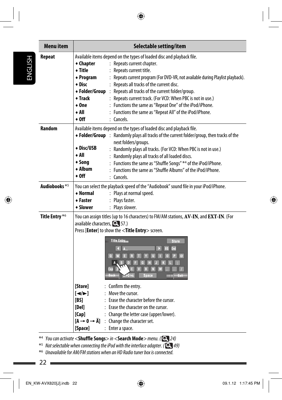 22 english, Menu item selectable setting/item | JVC KW-AVX820 User Manual | Page 22 / 207