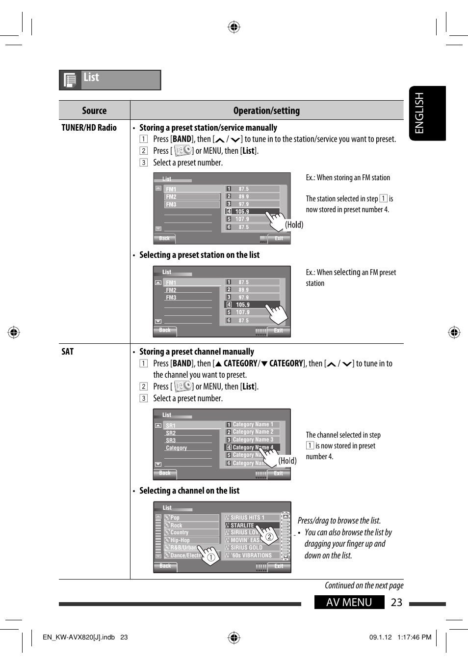 List, 23 av menu english, Source operation/setting | Press [ ] or menu, then [ list, Press [ band ], then, Category, Selecting | JVC KW-AVX820 User Manual | Page 23 / 207