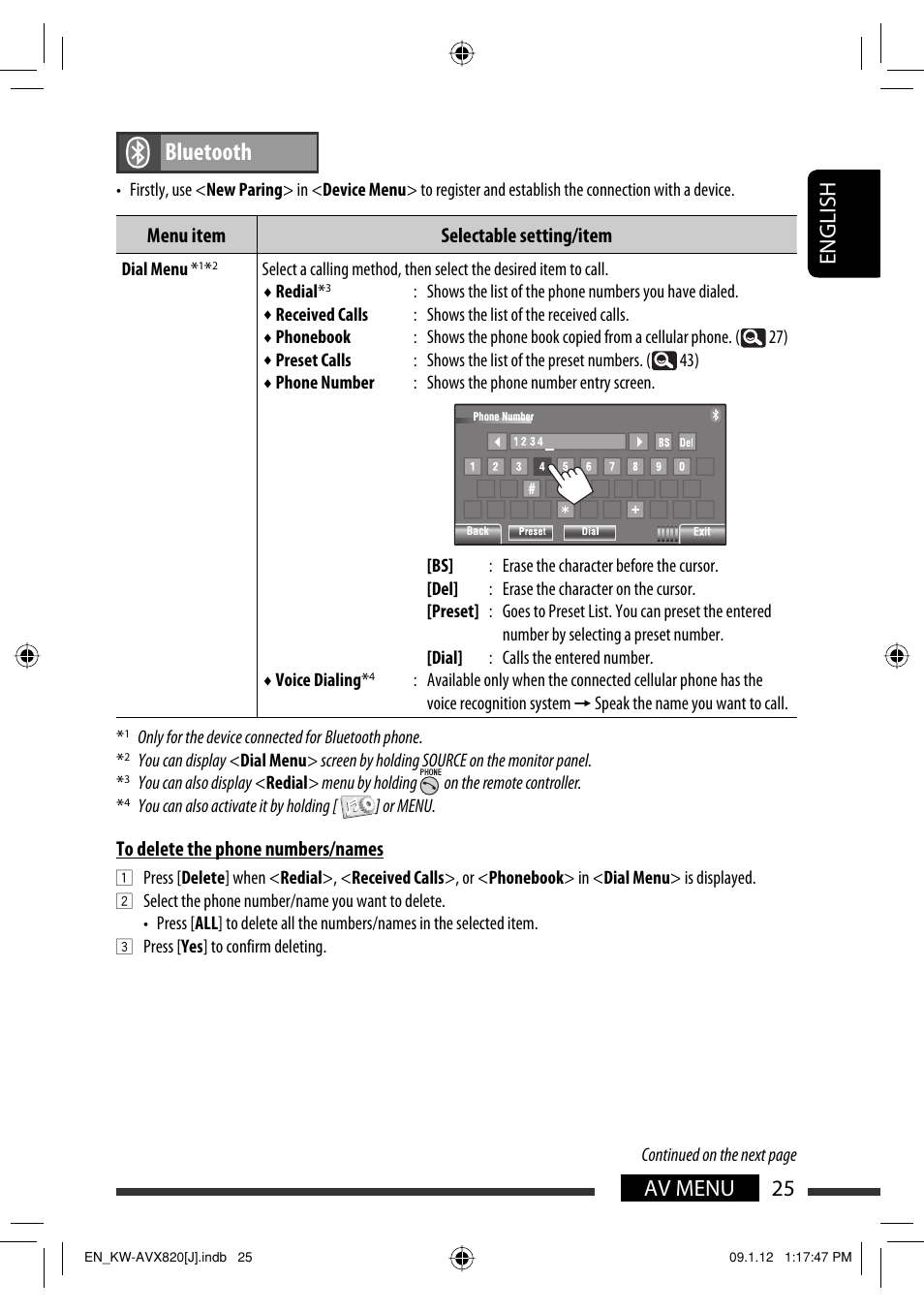 Bluetooth, 25 av menu english, Menu item selectable setting/item | JVC KW-AVX820 User Manual | Page 25 / 207