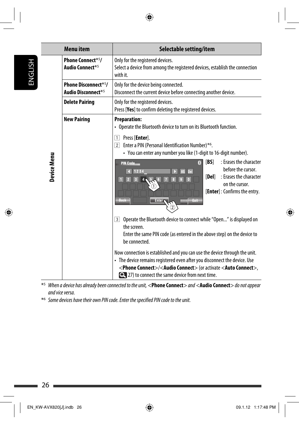 26 english, Menu item selectable setting/item device menu | JVC KW-AVX820 User Manual | Page 26 / 207