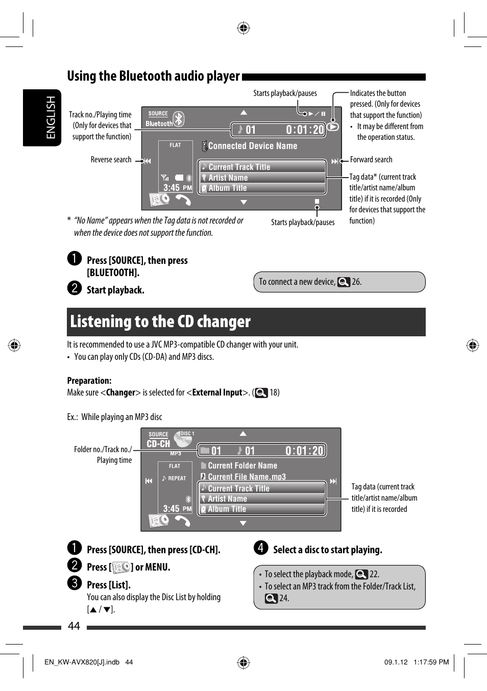 Using the bluetooth audio player, Listening to the cd changer, 44 english | JVC KW-AVX820 User Manual | Page 44 / 207