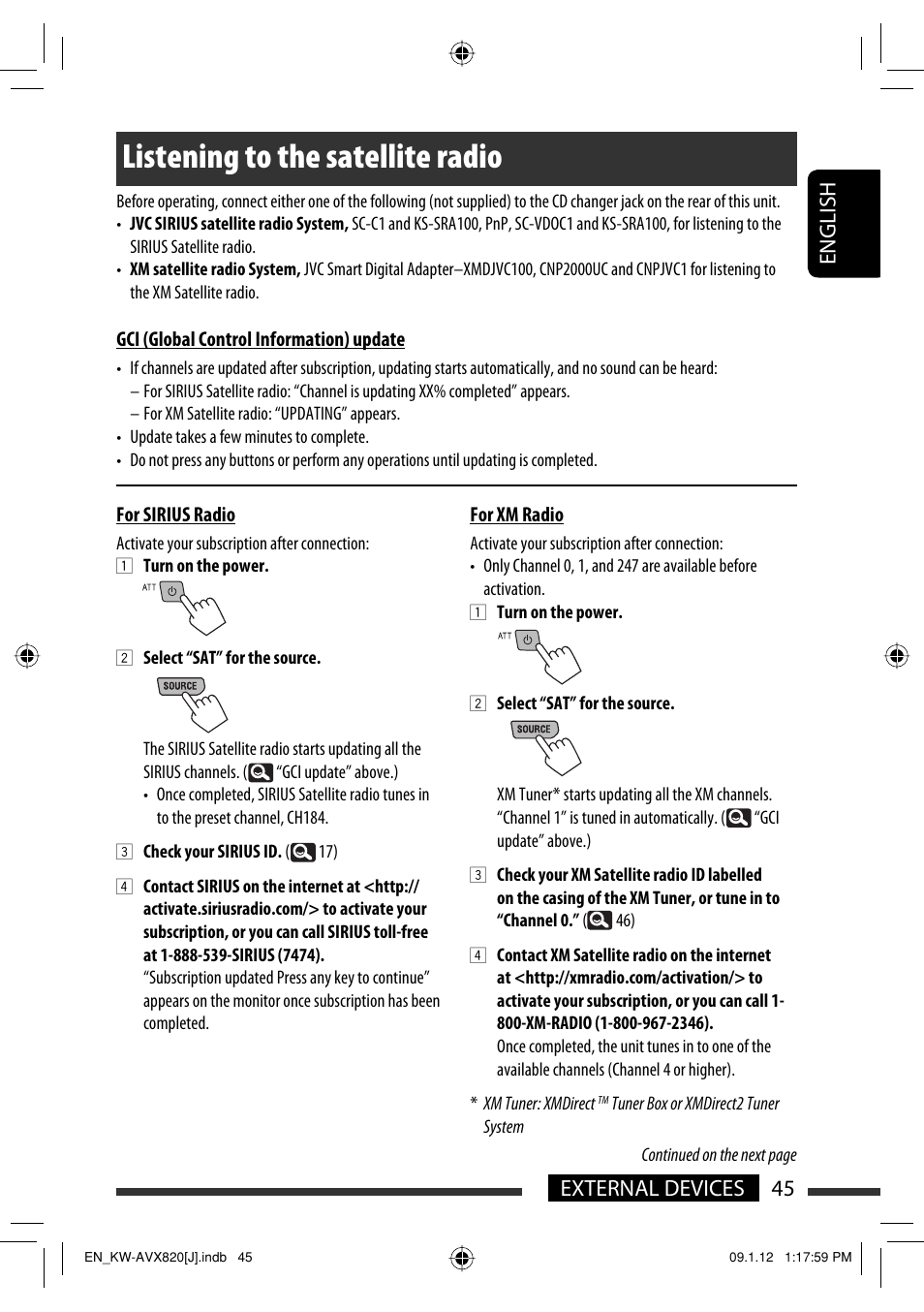 Listening to the satellite radio, 45 external devices english | JVC KW-AVX820 User Manual | Page 45 / 207