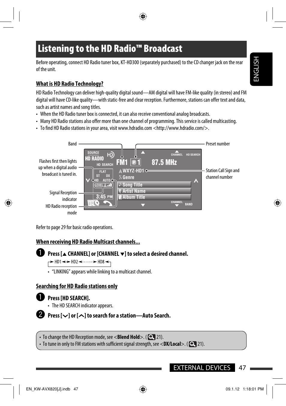 Listening to the hd radio™ broadcast, 47 external devices english | JVC KW-AVX820 User Manual | Page 47 / 207