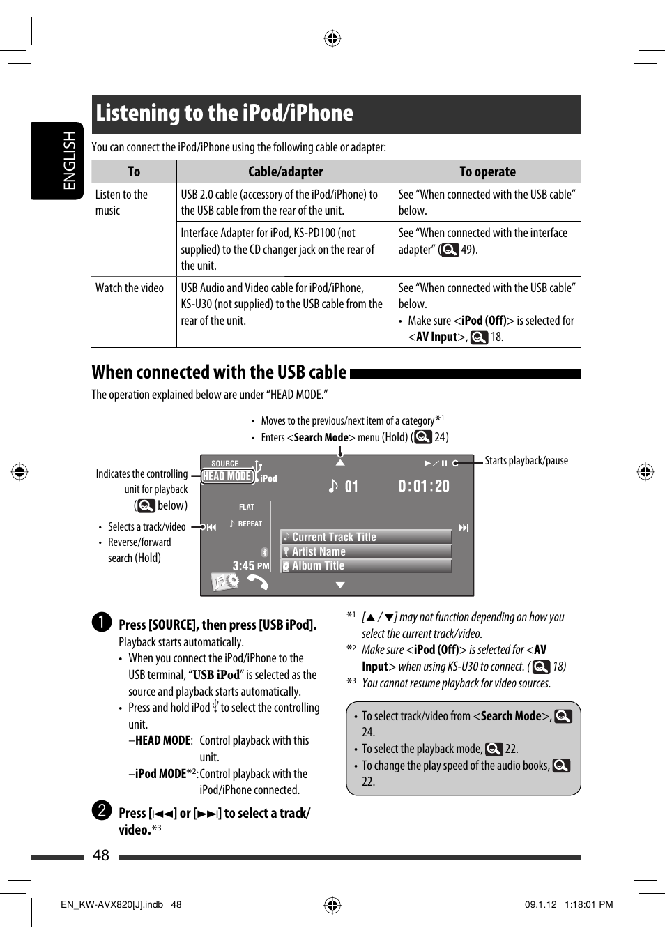 Listening to the ipod/iphone, When connected with the usb cable, 48 english | JVC KW-AVX820 User Manual | Page 48 / 207