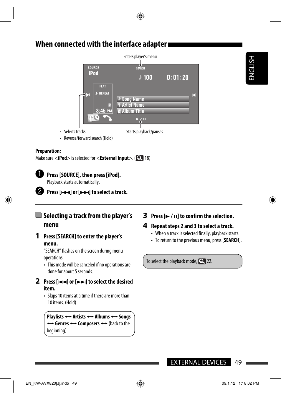 When connected with the interface adapter, Selecting a track from the player’s menu, 49 external devices english | JVC KW-AVX820 User Manual | Page 49 / 207