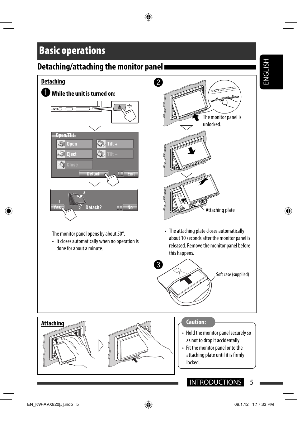 Basic operations, Detaching/attaching the monitor panel, 5introductions english | JVC KW-AVX820 User Manual | Page 5 / 207