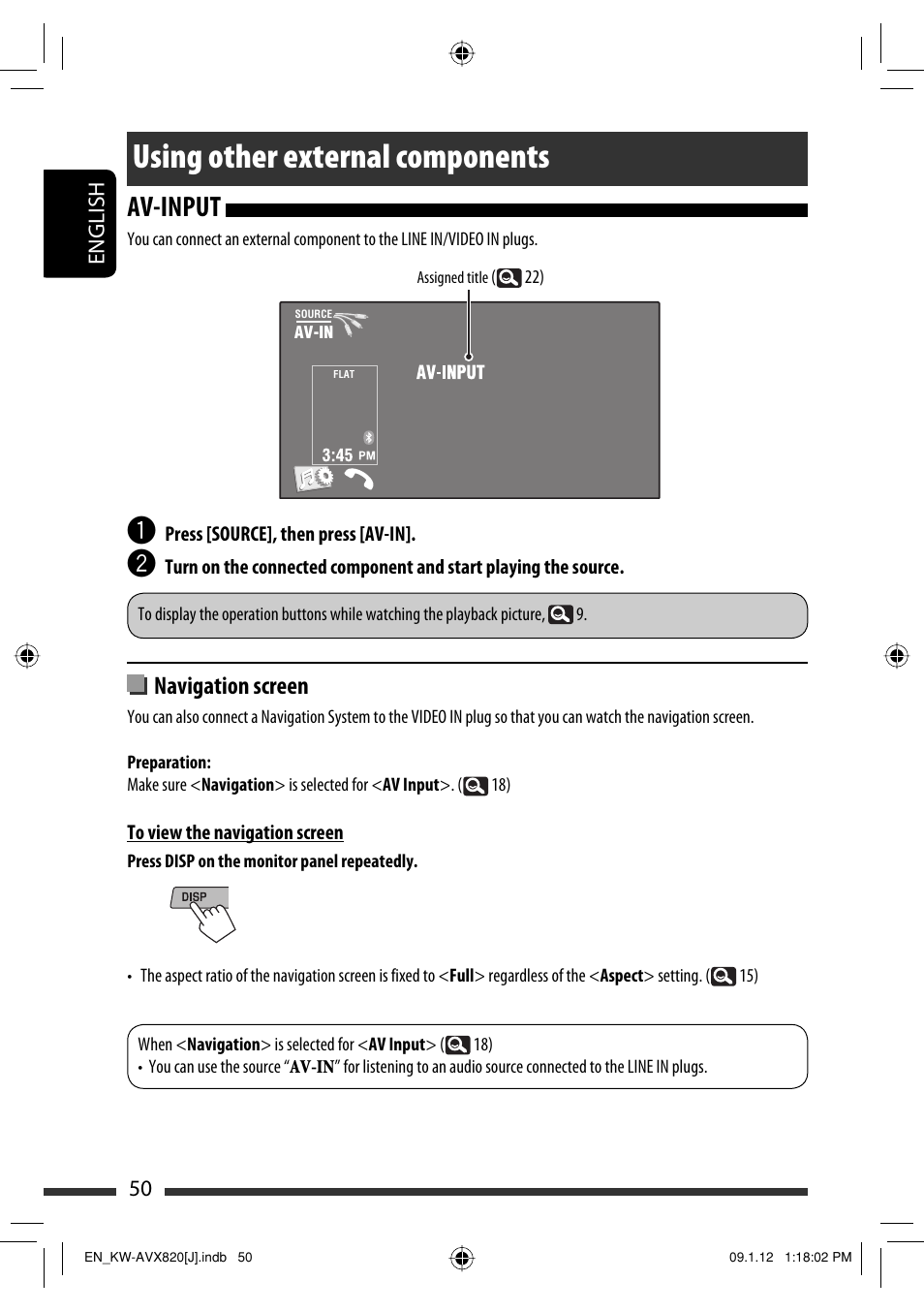 Using other external components, Av-input, Navigation screen | JVC KW-AVX820 User Manual | Page 50 / 207