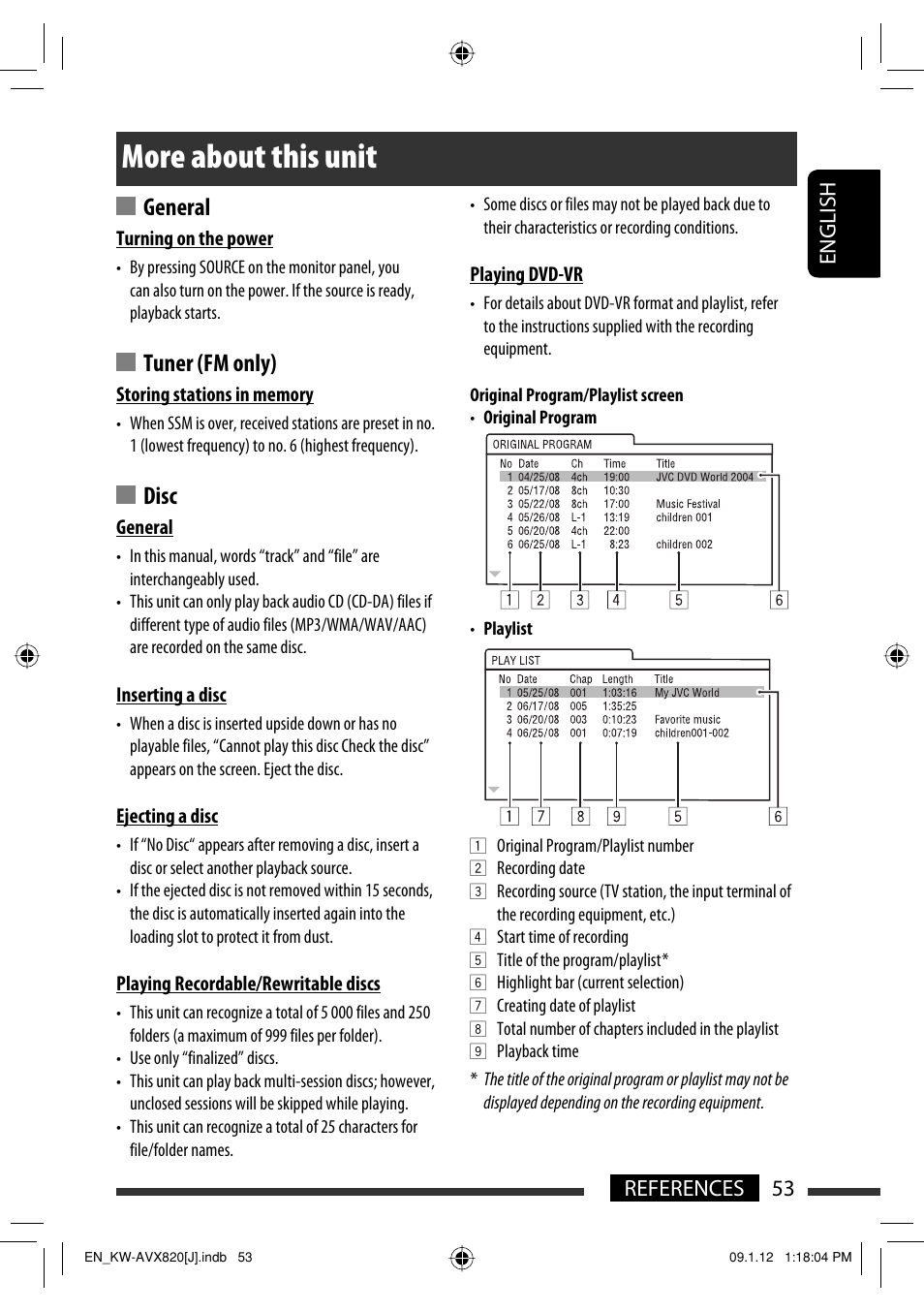 References, More about this unit, General | Tuner (fm only), Disc, 53 references english | JVC KW-AVX820 User Manual | Page 53 / 207