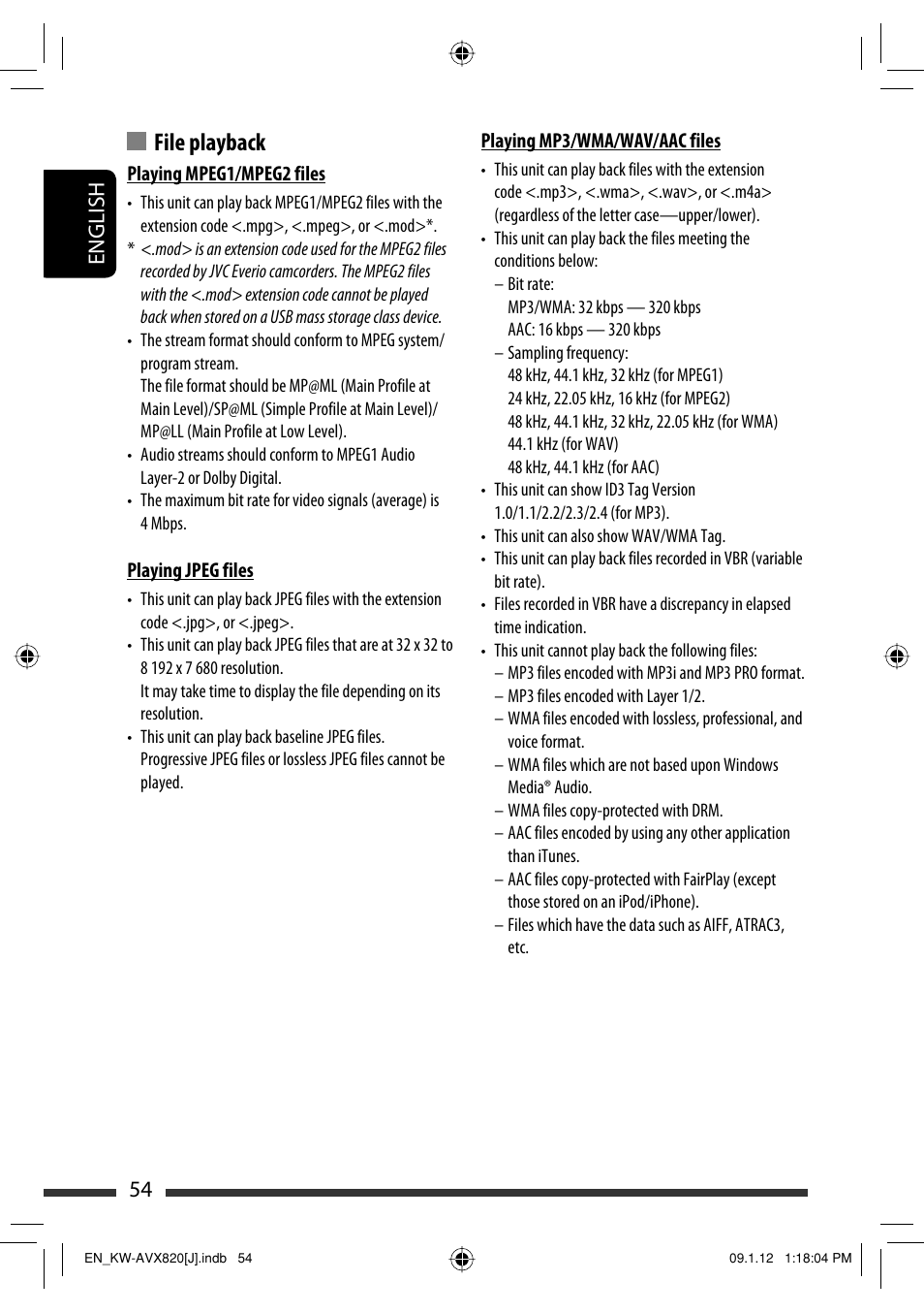 File playback, 54 english | JVC KW-AVX820 User Manual | Page 54 / 207