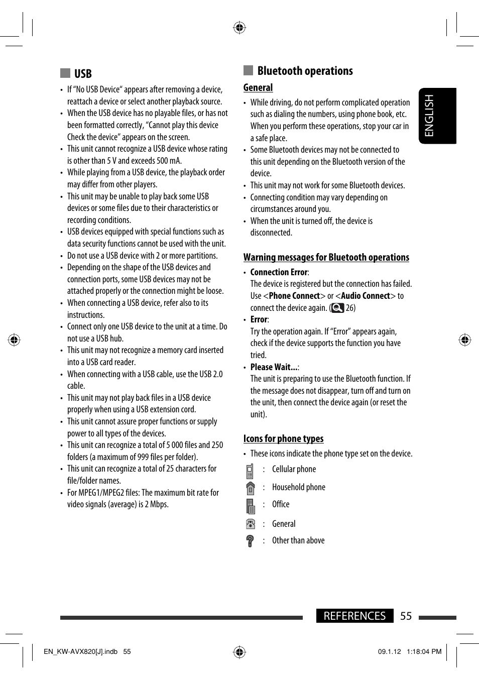 Bluetooth operations, 55 references english | JVC KW-AVX820 User Manual | Page 55 / 207