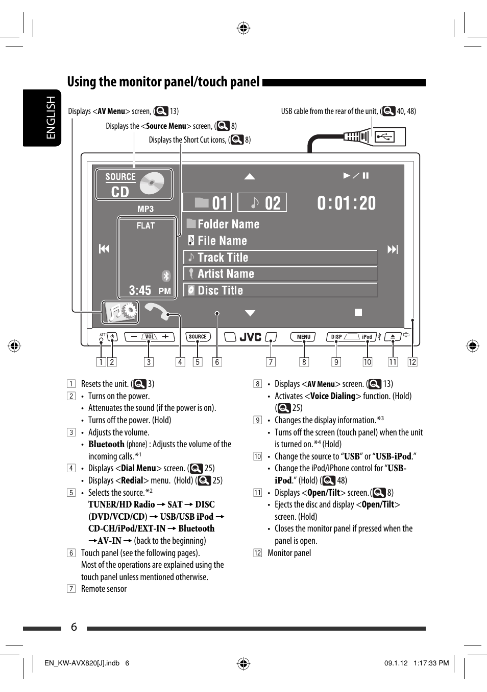 Using the monitor panel/touch panel, 6english | JVC KW-AVX820 User Manual | Page 6 / 207
