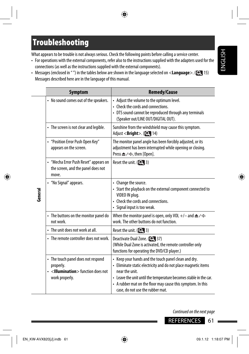 Troubleshooting, 61 references english | JVC KW-AVX820 User Manual | Page 61 / 207