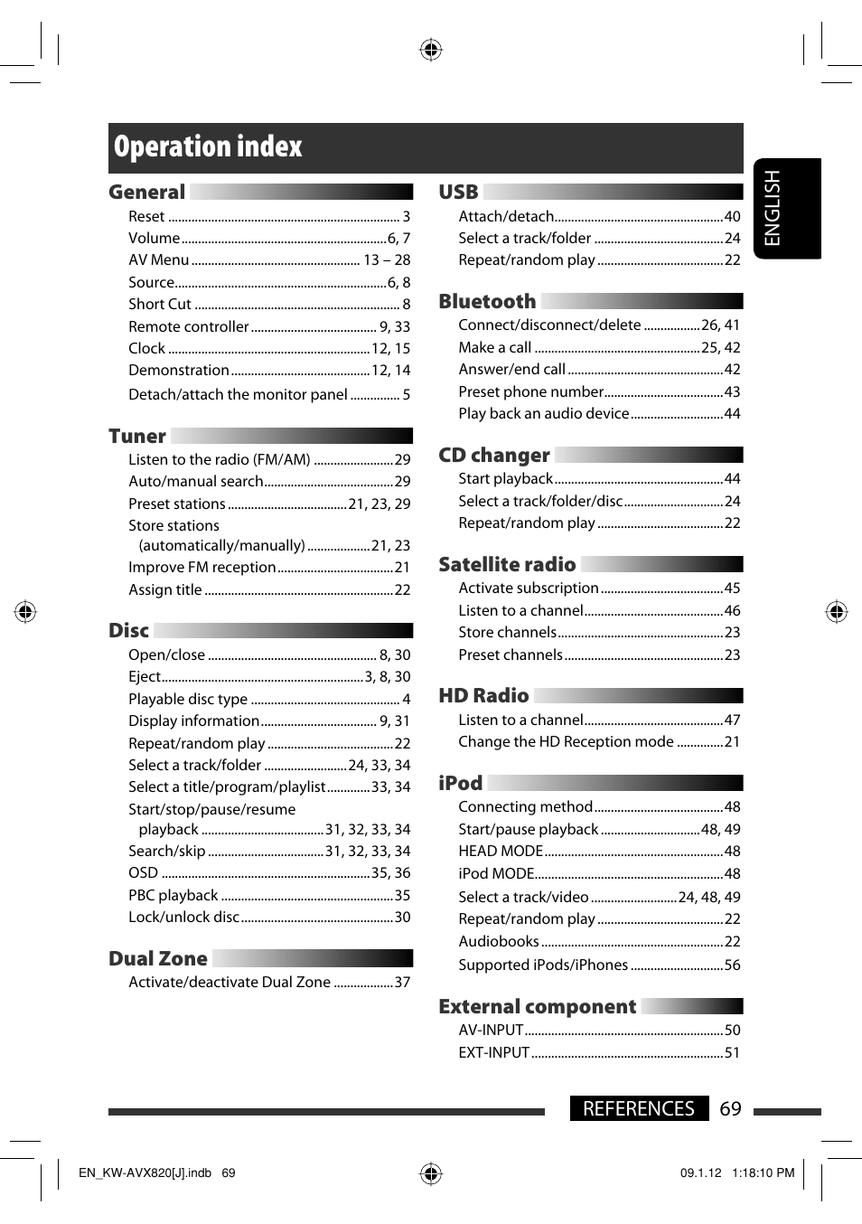 Operation index, 69 references english, General | Tuner, Disc, Dual zone, Bluetooth, Cd changer, Satellite radio, Hd radio | JVC KW-AVX820 User Manual | Page 69 / 207