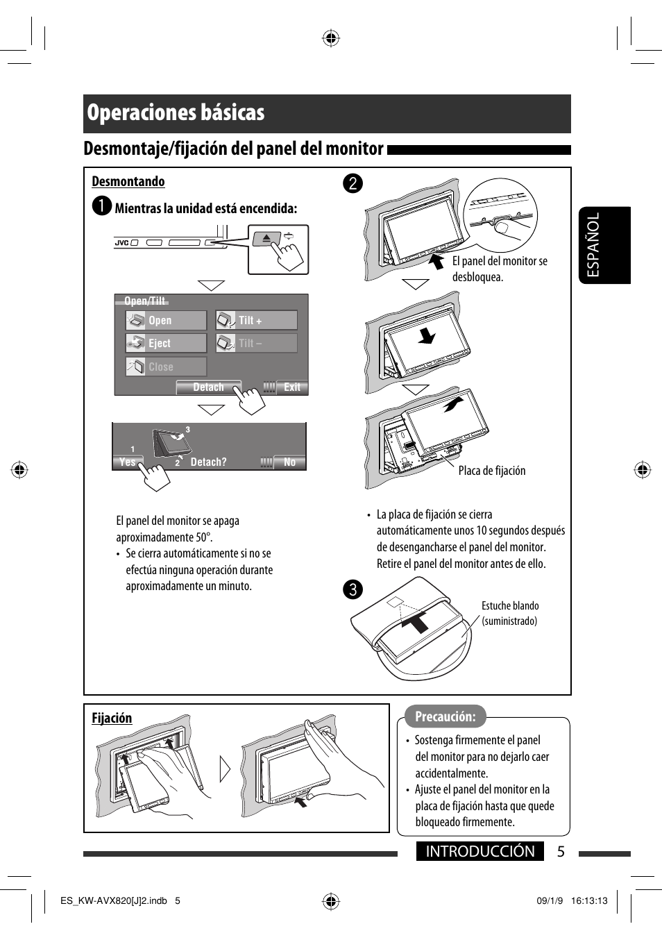 Operaciones básicas, Desmontaje/fijación del panel del monitor, 5introducción español | JVC KW-AVX820 User Manual | Page 73 / 207
