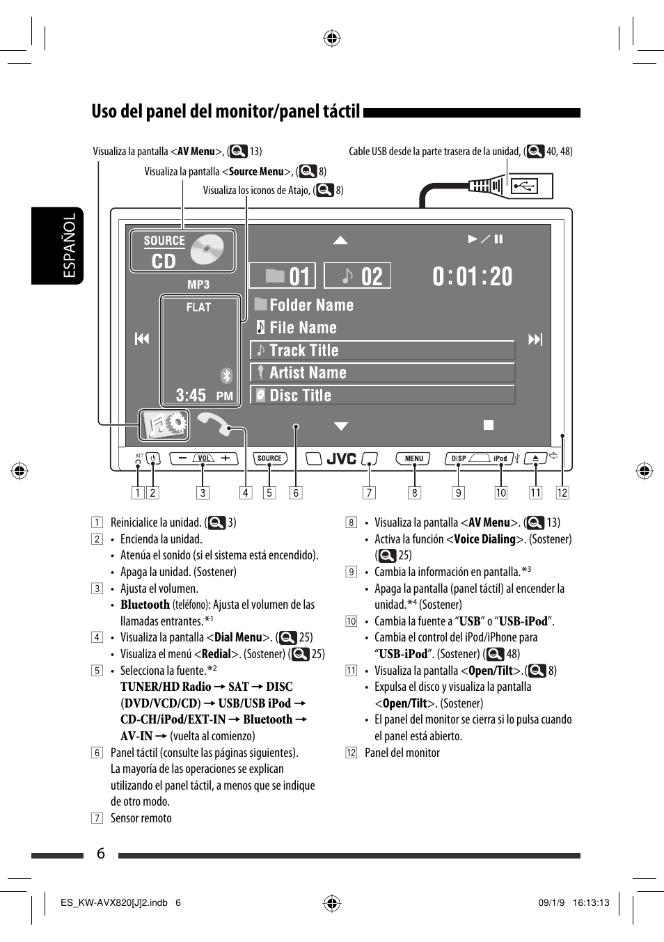 Uso del panel del monitor/panel táctil, 6español | JVC KW-AVX820 User Manual | Page 74 / 207